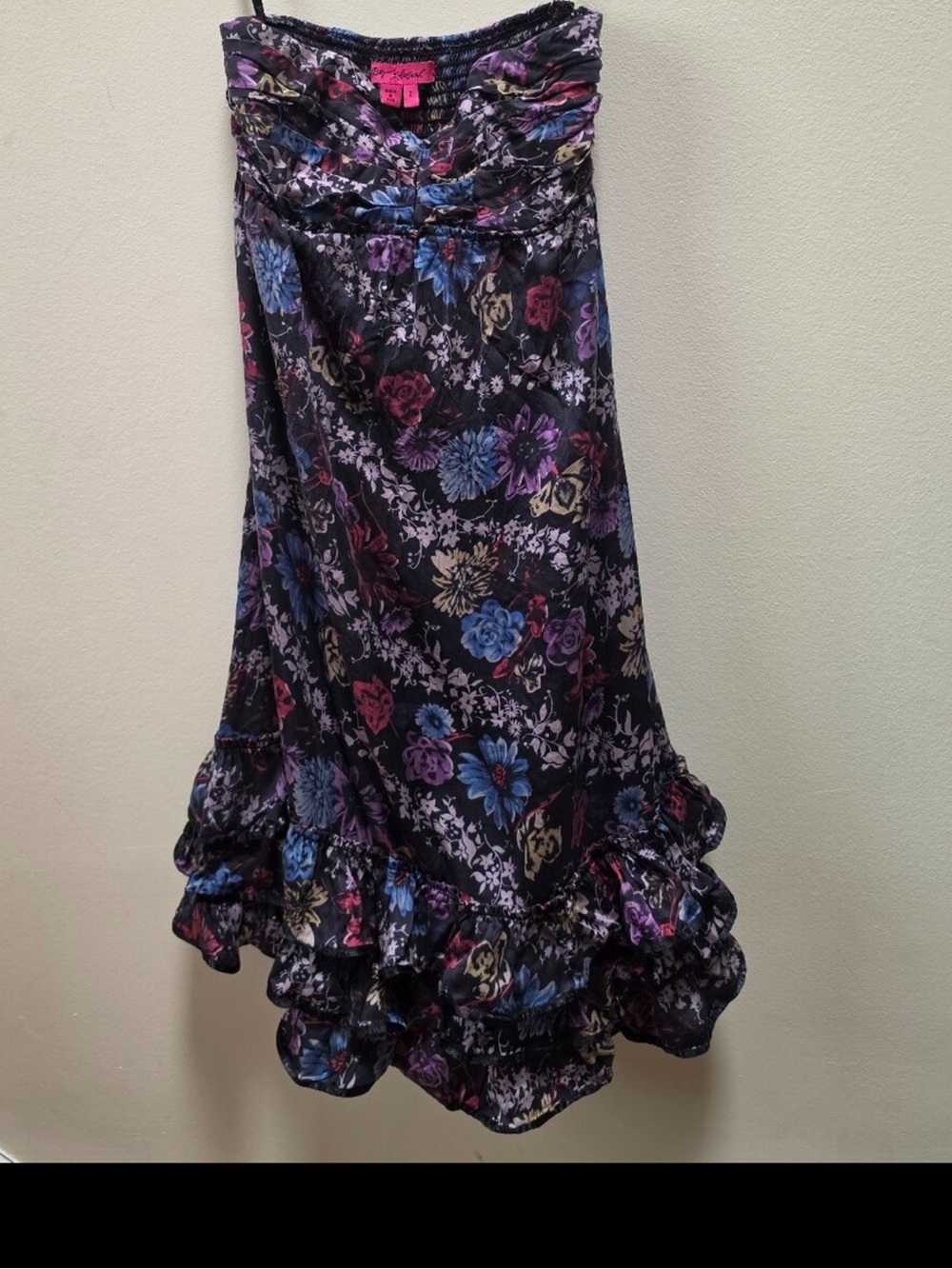 Betsey Johnson Vintage Y2K Silk Floral Ruffles Smocked Tulip Dress Fairy Black 2 - Picture 11 of 16